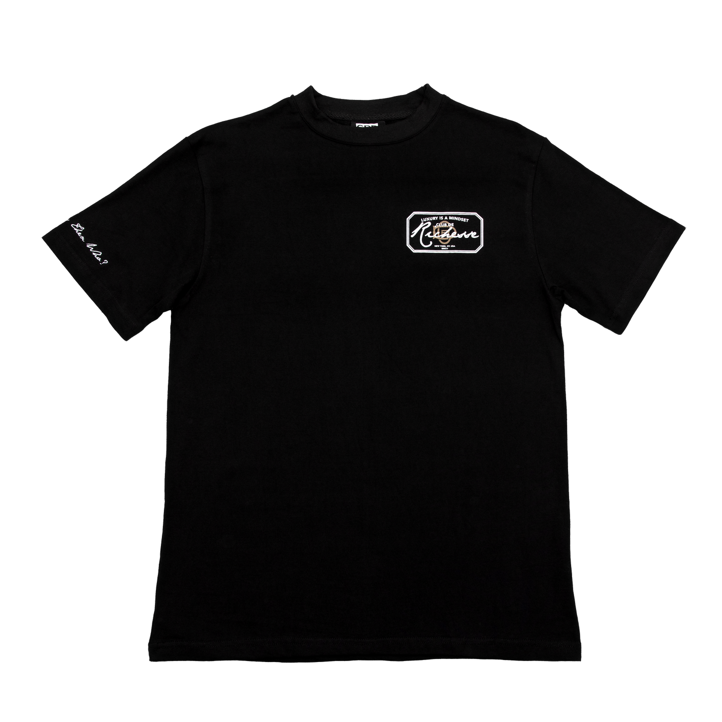 Front  view of a black tee with refined embroidery detail on the sleeve and screen-printed details on the front and back, this tee delivers a balance of comfort, structure, and everyday wearability.