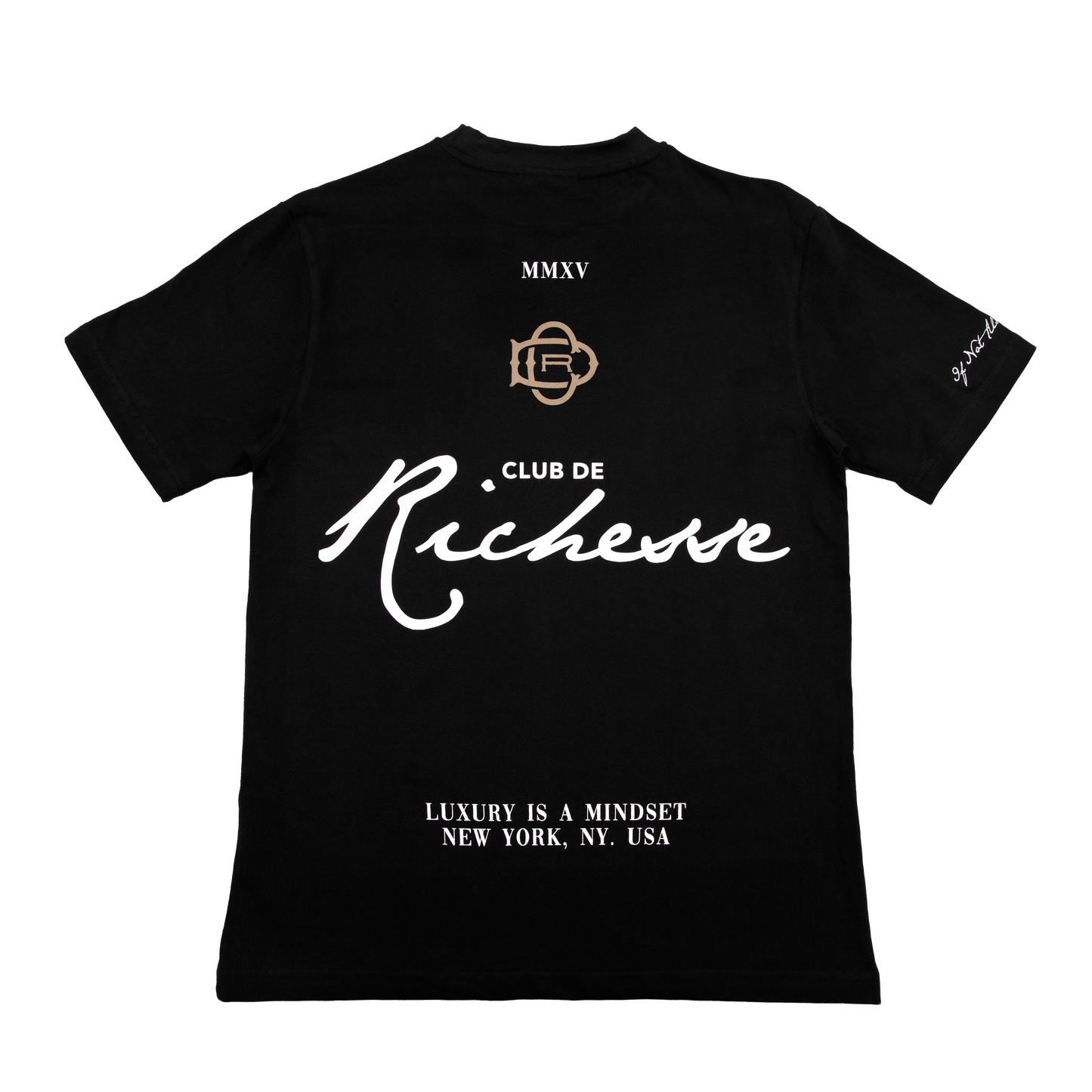 Back view of a black tee with refined embroidery detail on the sleeve and screen-printed details on the front and back, this tee delivers a balance of comfort, structure, and everyday wearability.