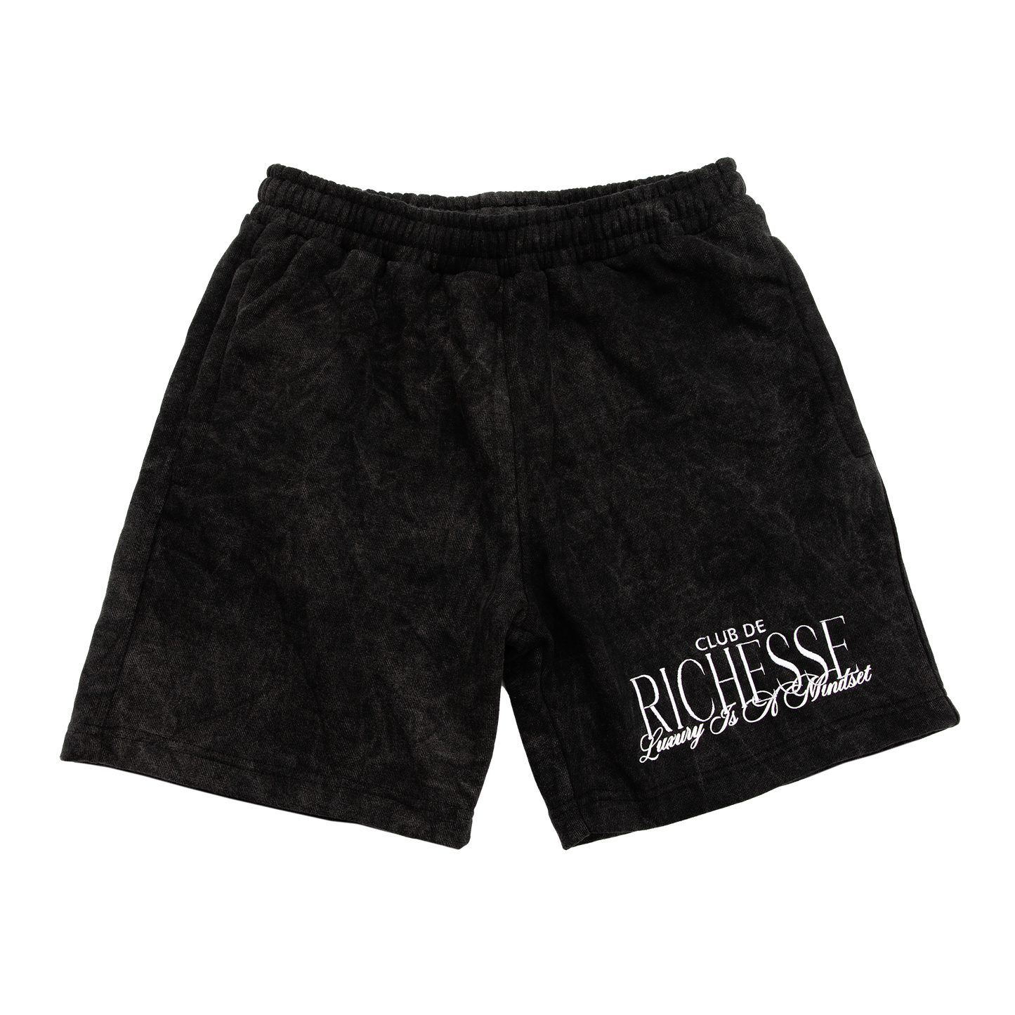 Front view of a acid wash elevated silhouette sweatshorts features refined embroidery and screen-printed details on the front, delivering comfort, structure, and edge in equal measure.