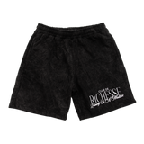 Front view of a acid wash elevated silhouette sweatshorts features refined embroidery and screen-printed details on the front, delivering comfort, structure, and edge in equal measure.