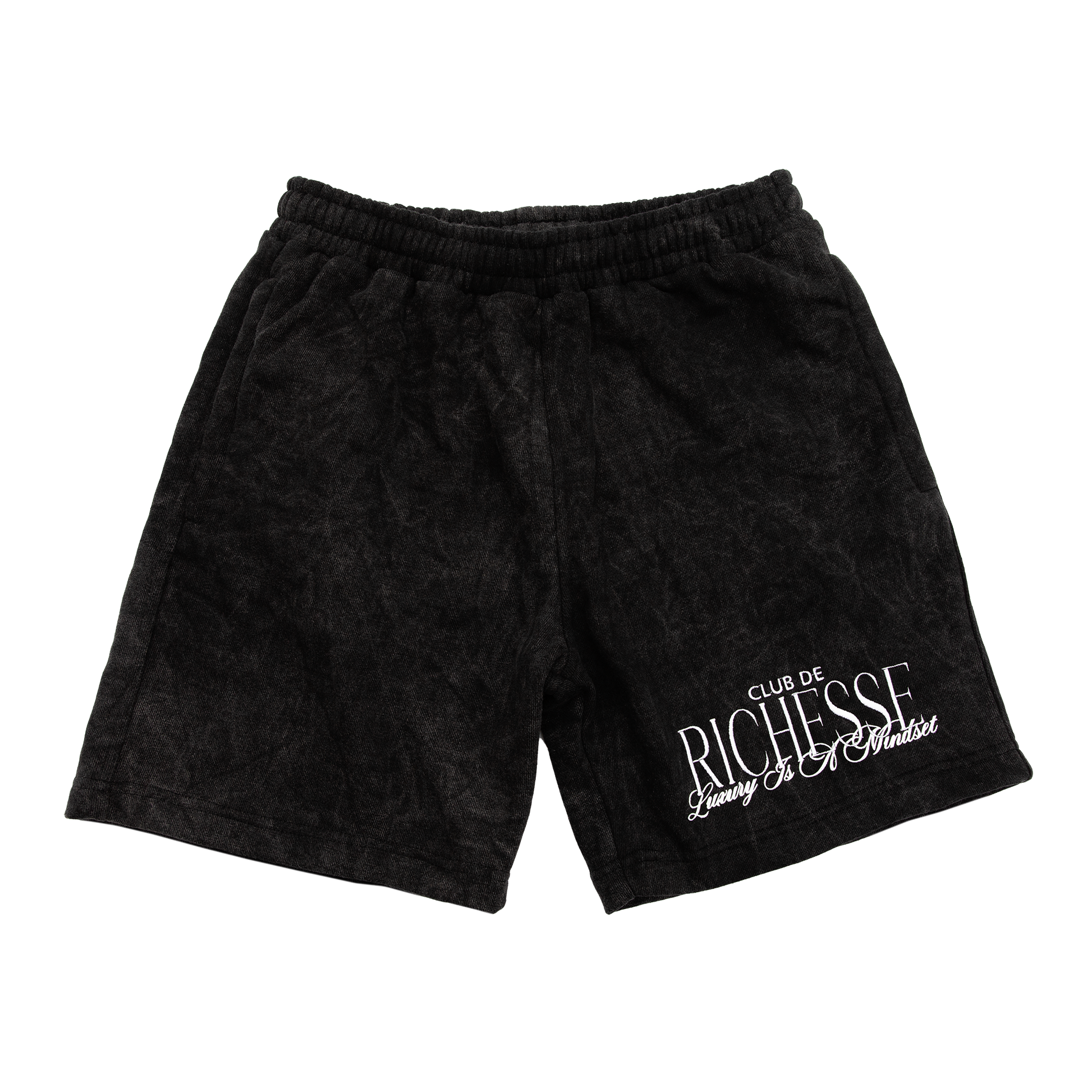 Front view of a acid wash elevated silhouette sweatshorts features refined embroidery and screen-printed details on the front, delivering comfort, structure, and edge in equal measure.