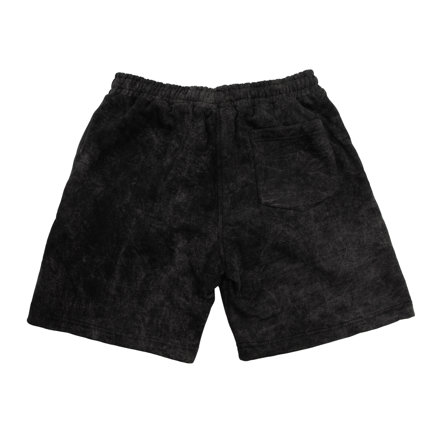 Back view of a acid wash elevated silhouette sweatshorts features refined embroidery and screen-printed details on the front, delivering comfort, structure, and edge in equal measure.