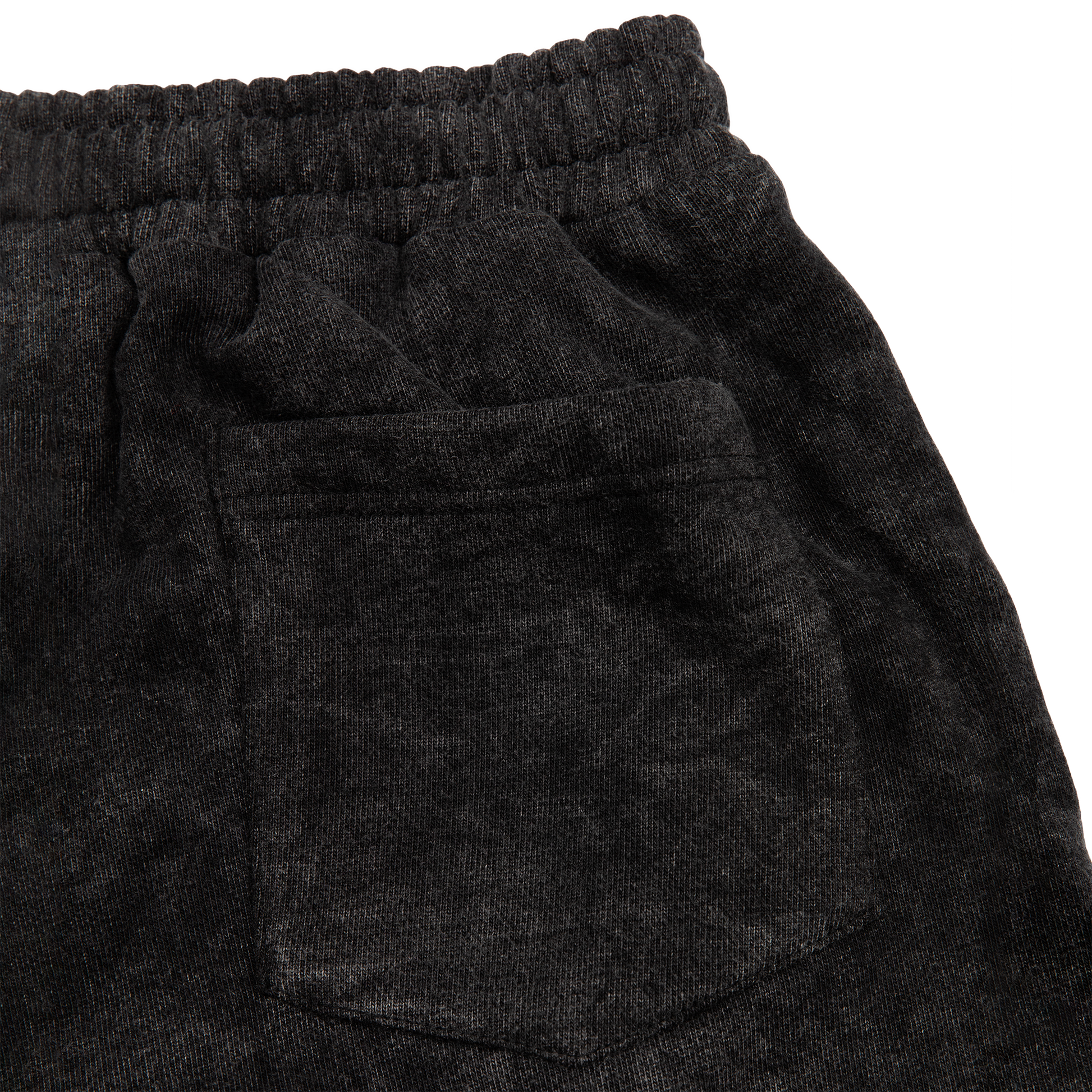 Back pocket view of a acid wash elevated silhouette sweatshorts features refined embroidery and screen-printed details on the front, delivering comfort, structure, and edge in equal measure.
