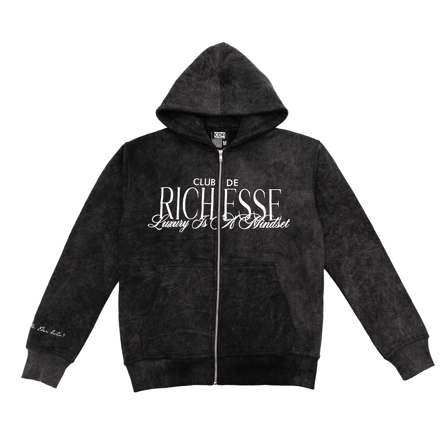 Front view of an acid wash full-zip silhouette features elevated embroidery and screen-printed details on the front, balancing structure, comfort, and edge.
