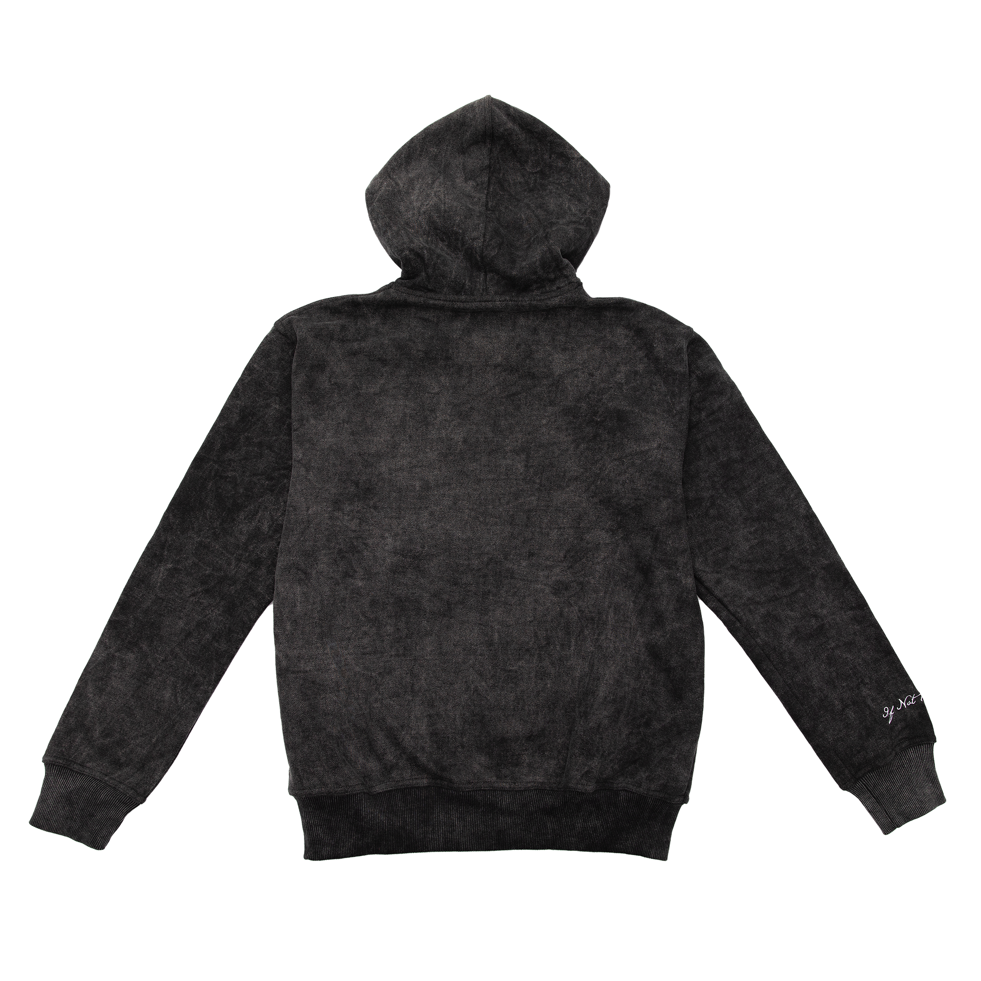 Back view of an acid wash full-zip silhouette features elevated embroidery and screen-printed details on the front, balancing structure, comfort, and edge.