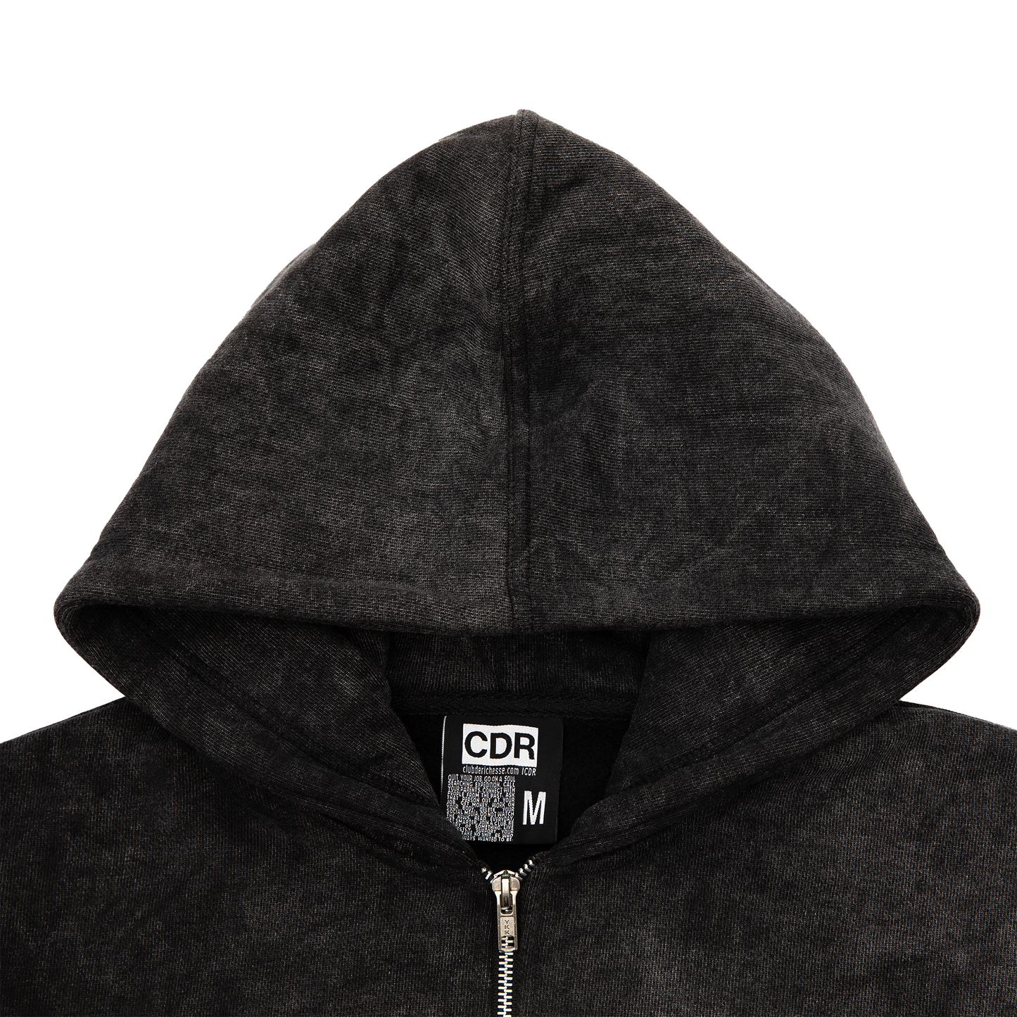 Hood close up view of an acid wash full-zip silhouette features elevated embroidery and screen-printed details on the front, balancing structure, comfort, and edge.