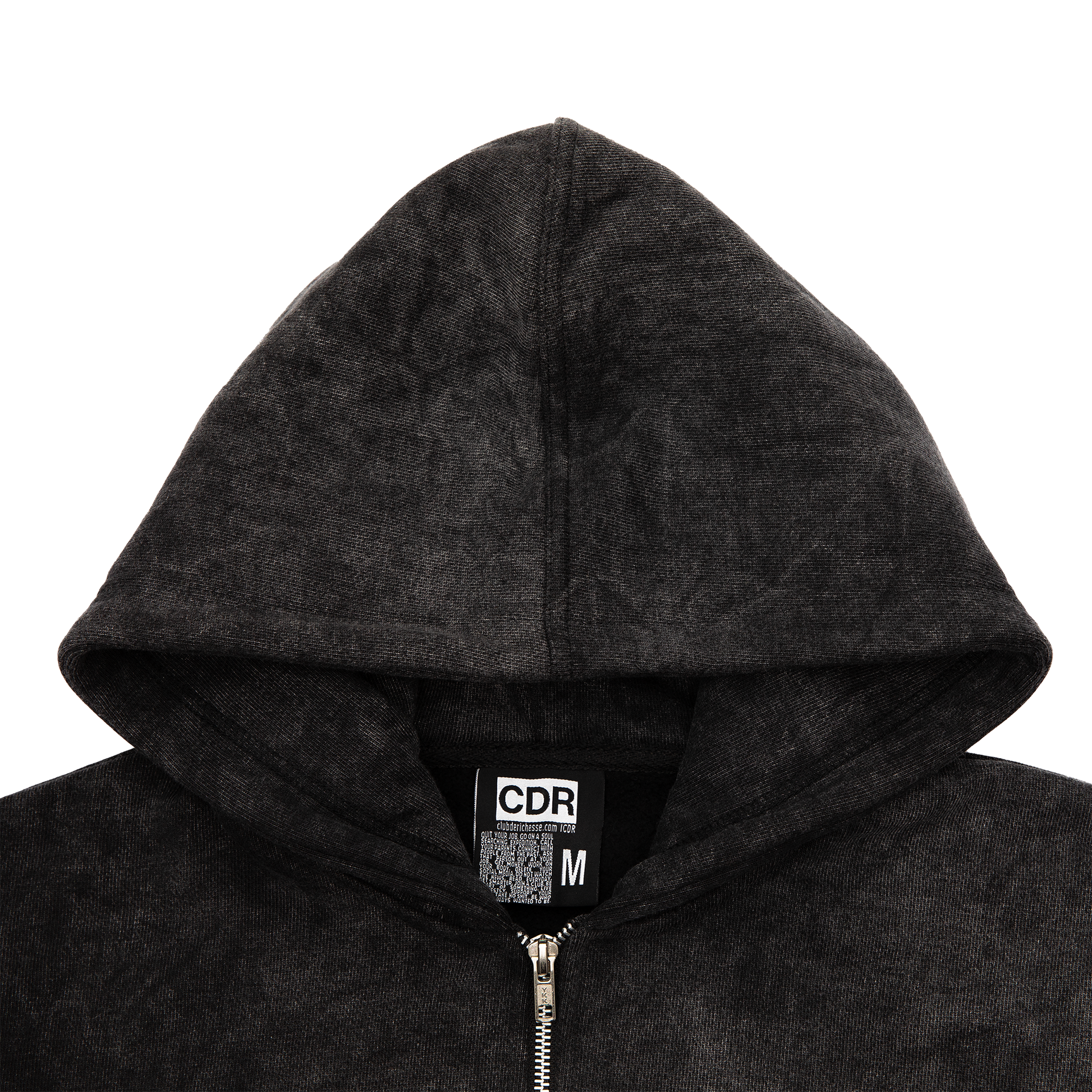 Hood close up view of an acid wash full-zip silhouette features elevated embroidery and screen-printed details on the front, balancing structure, comfort, and edge.