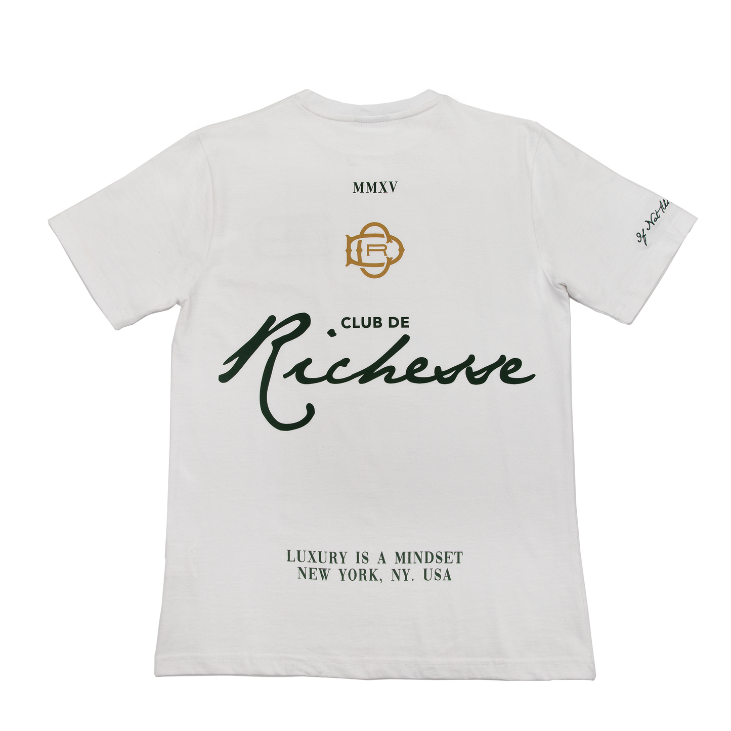 Back  view of a white tee with refined embroidery detail on the sleeve and screen-printed details on the front and back, this tee delivers a balance of comfort, structure, and everyday wearability.