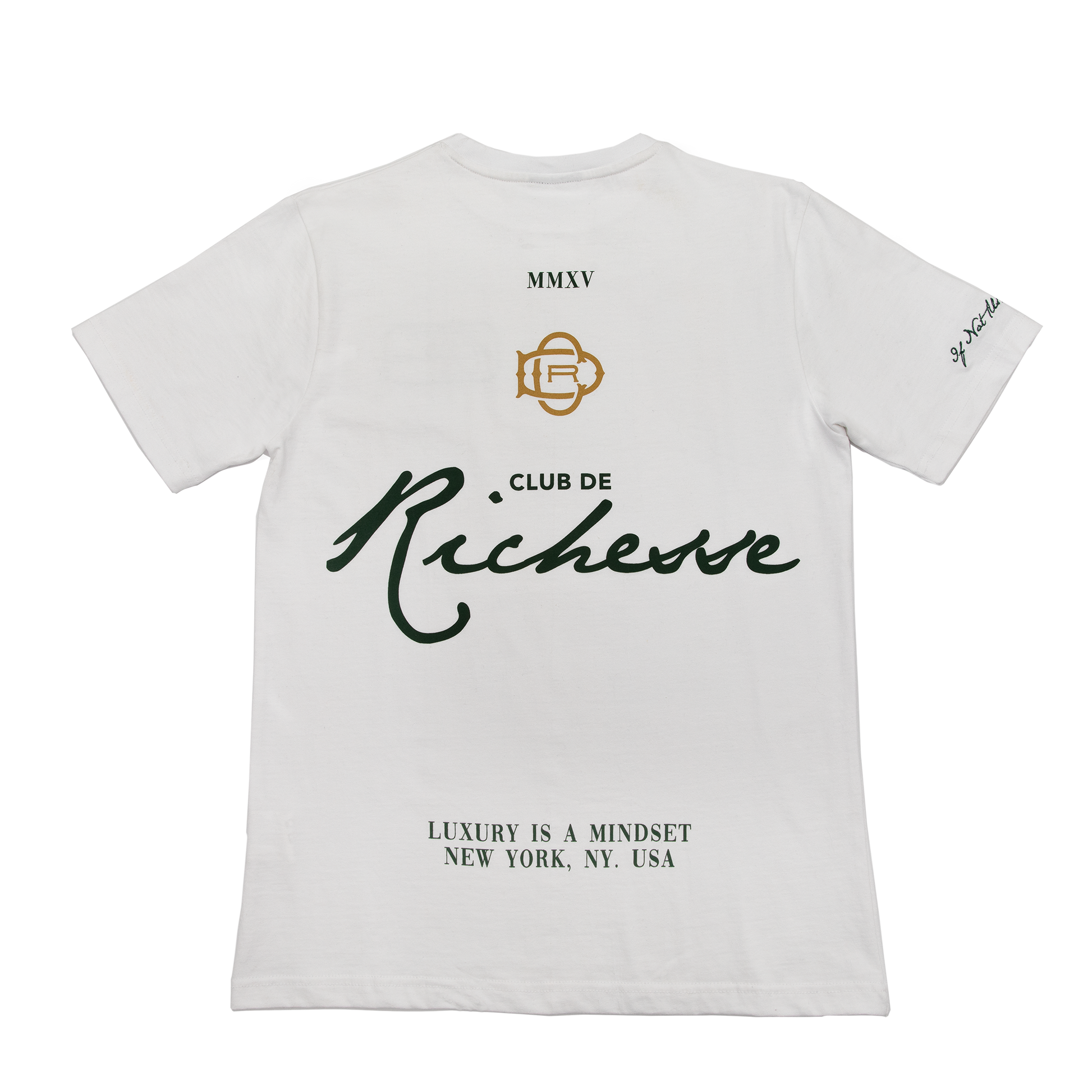 Back  view of a white tee with refined embroidery detail on the sleeve and screen-printed details on the front and back, this tee delivers a balance of comfort, structure, and everyday wearability.