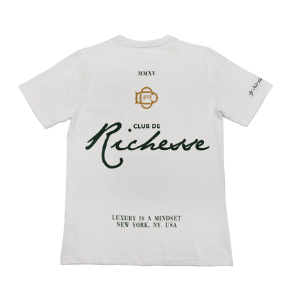 Back  view of a white tee with refined embroidery detail on the sleeve and screen-printed details on the front and back, this tee delivers a balance of comfort, structure, and everyday wearability.