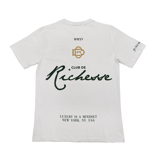 Back  view of a white tee with refined embroidery detail on the sleeve and screen-printed details on the front and back, this tee delivers a balance of comfort, structure, and everyday wearability.