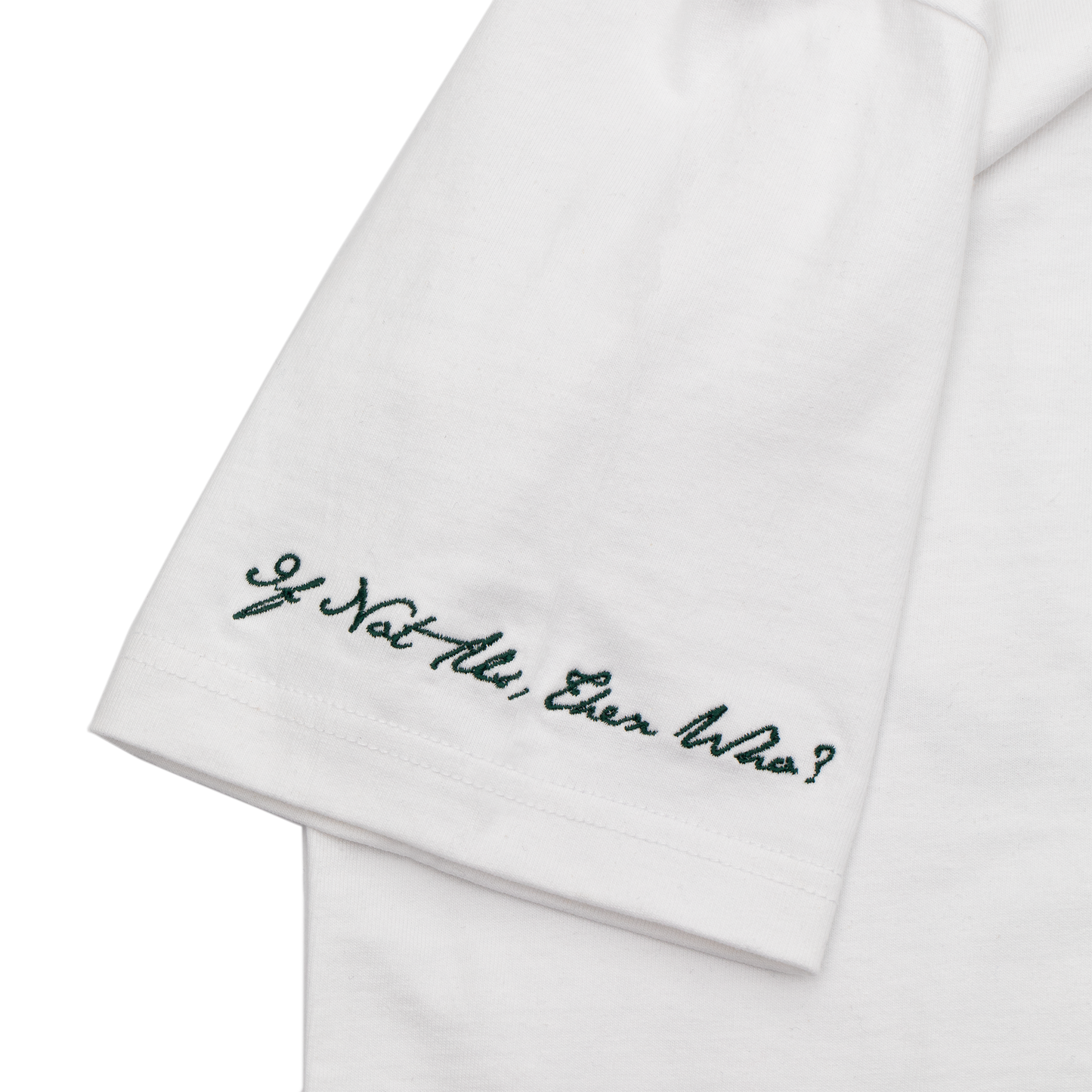 Close up view of a white tee with refined embroidery detail on the sleeve and screen-printed details on the front and back, this tee delivers a balance of comfort, structure, and everyday wearability.