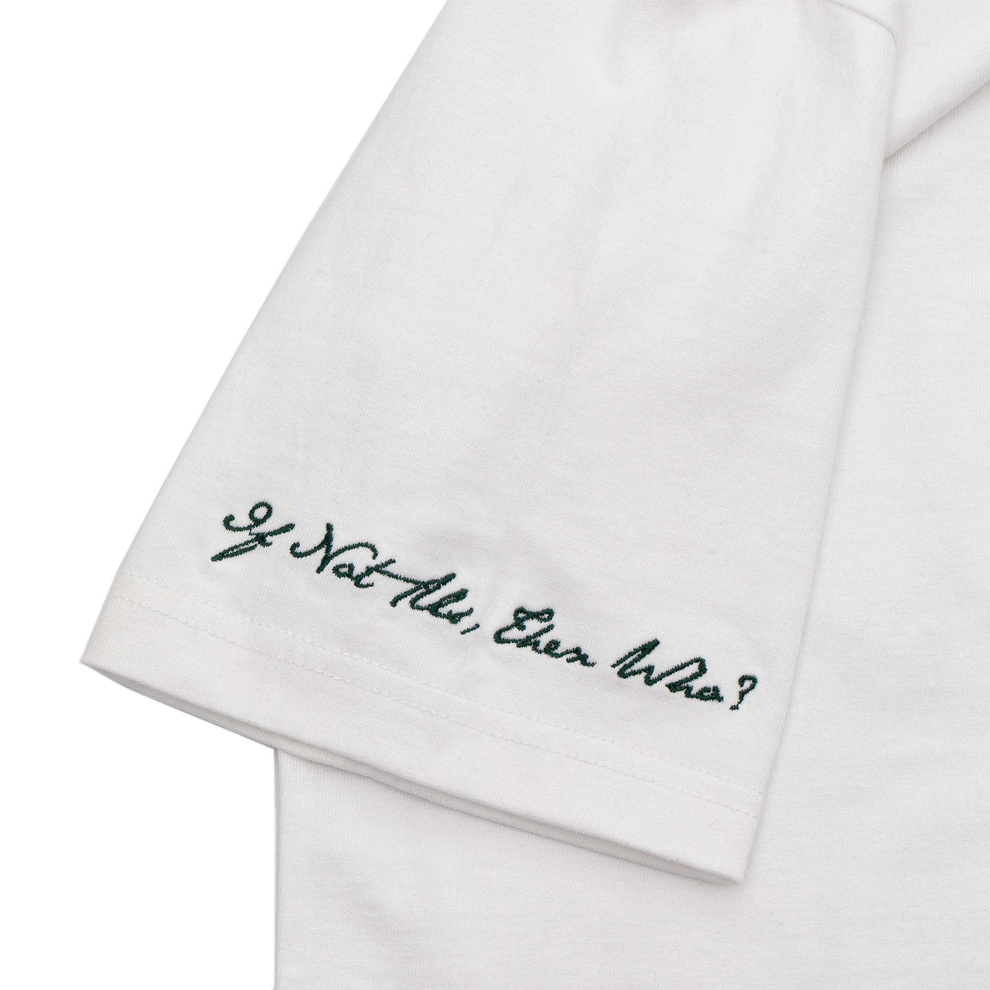Close up view of a white tee with refined embroidery detail on the sleeve and screen-printed details on the front and back, this tee delivers a balance of comfort, structure, and everyday wearability.