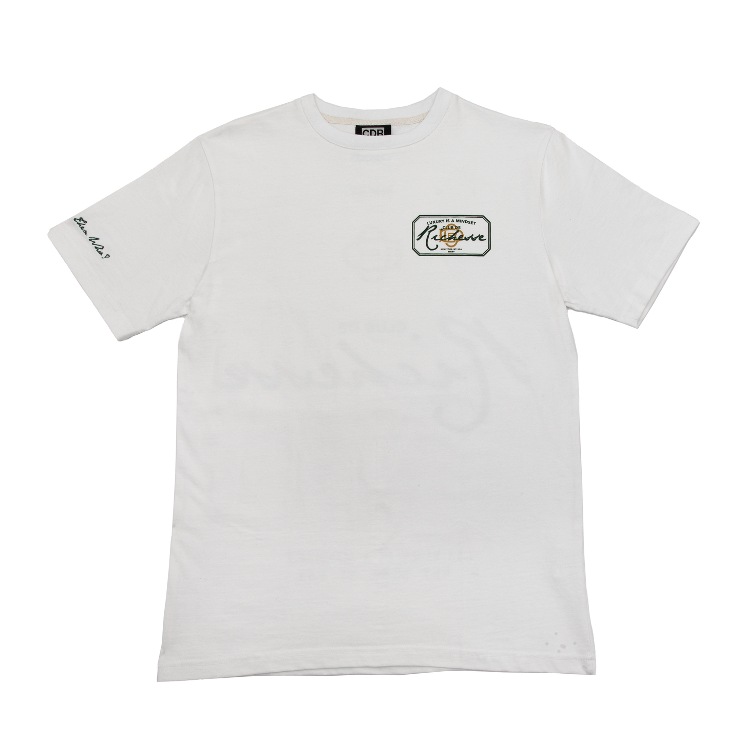 Flat view of a white tee with refined embroidery detail on the sleeve and screen-printed details on the front and back, this tee delivers a balance of comfort, structure, and everyday wearability.