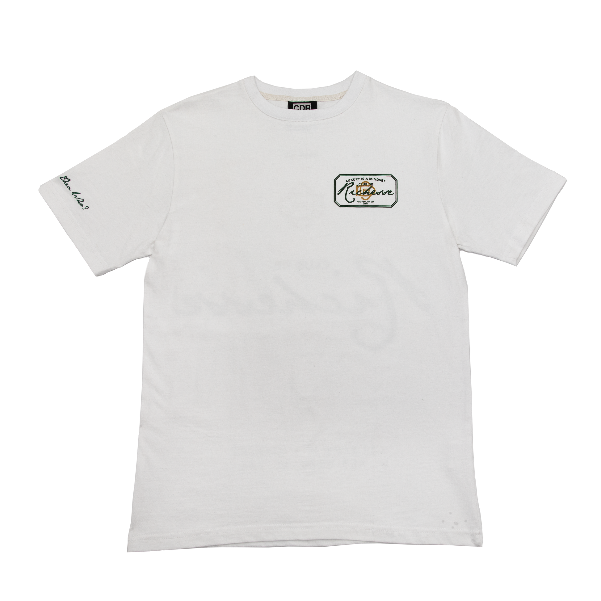 Flat view of a white tee with refined embroidery detail on the sleeve and screen-printed details on the front and back, this tee delivers a balance of comfort, structure, and everyday wearability.