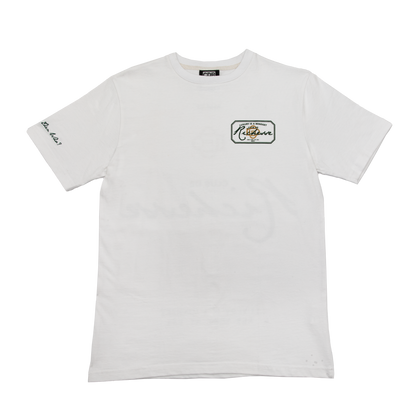 Flat view of a white tee with refined embroidery detail on the sleeve and screen-printed details on the front and back, this tee delivers a balance of comfort, structure, and everyday wearability.