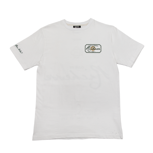 Flat view of a white tee with refined embroidery detail on the sleeve and screen-printed details on the front and back, this tee delivers a balance of comfort, structure, and everyday wearability.